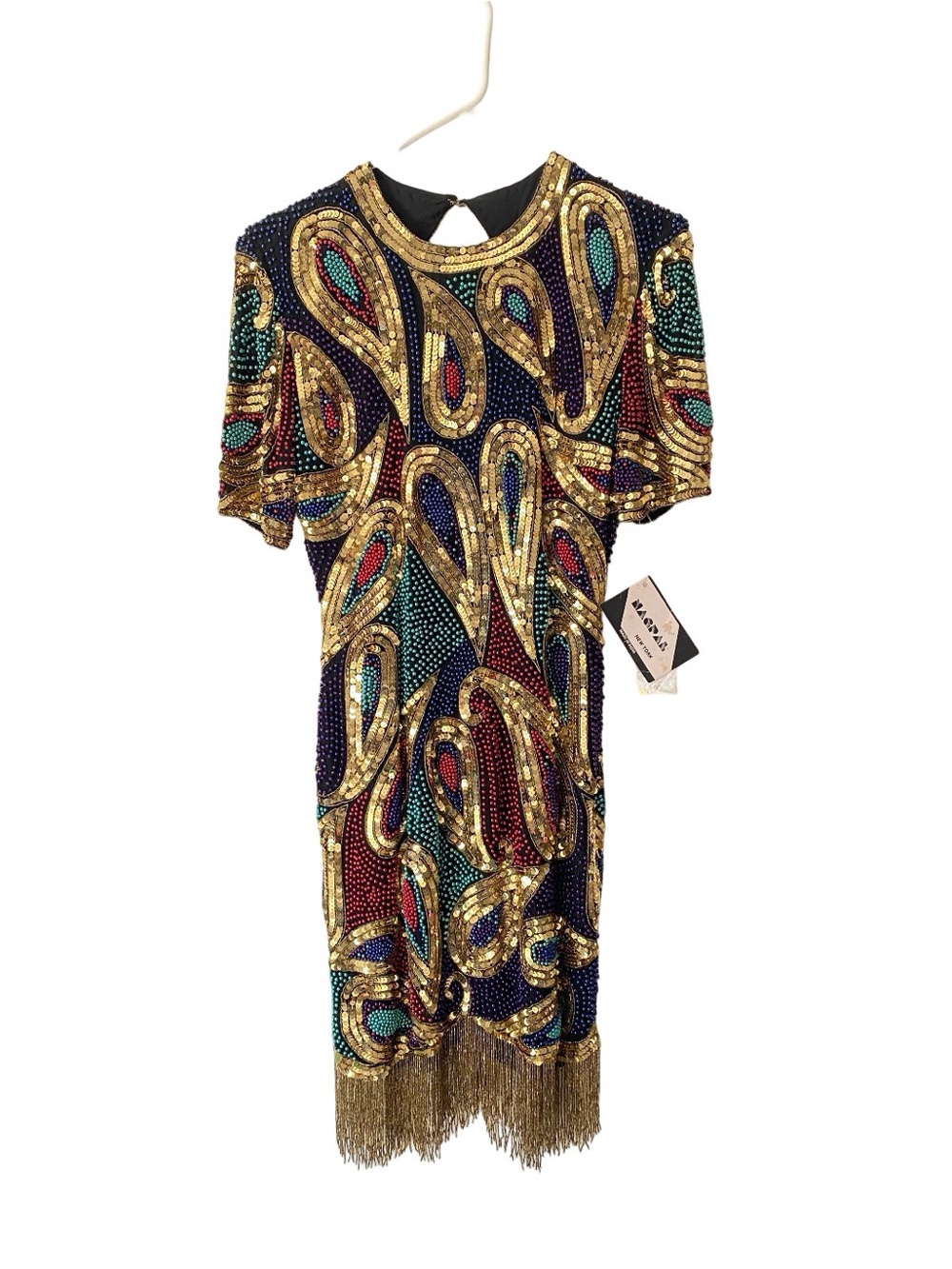 Vintage Nagpal New York Sequin Beaded Tassel Dress Gold Blue Red Green small